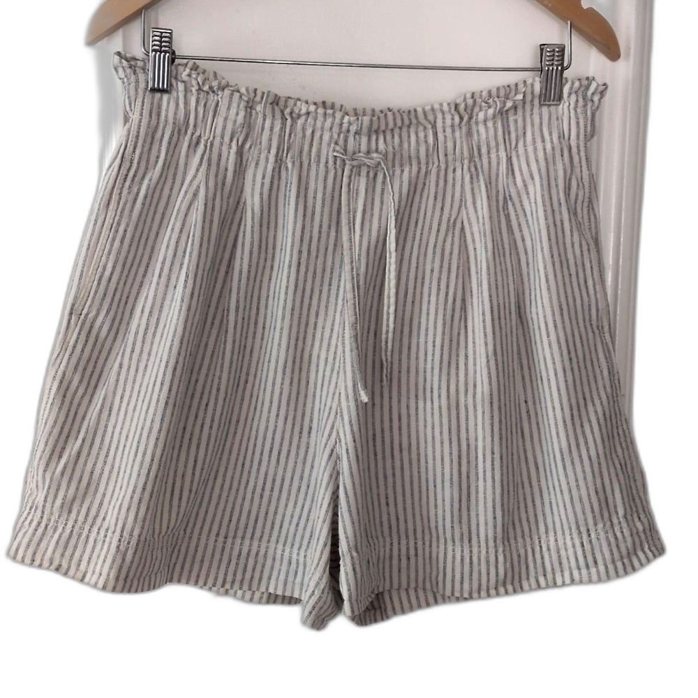 Uniqlo Striped Shorts MED Pull On Linen Cotton Shorts Hi Rise Drawstring Pockets
